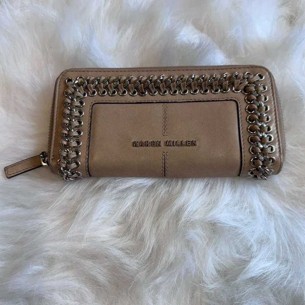 Karen Millen Wallet Calf Leather Full Zip Center Accordion Nude Tan Braid #GK116